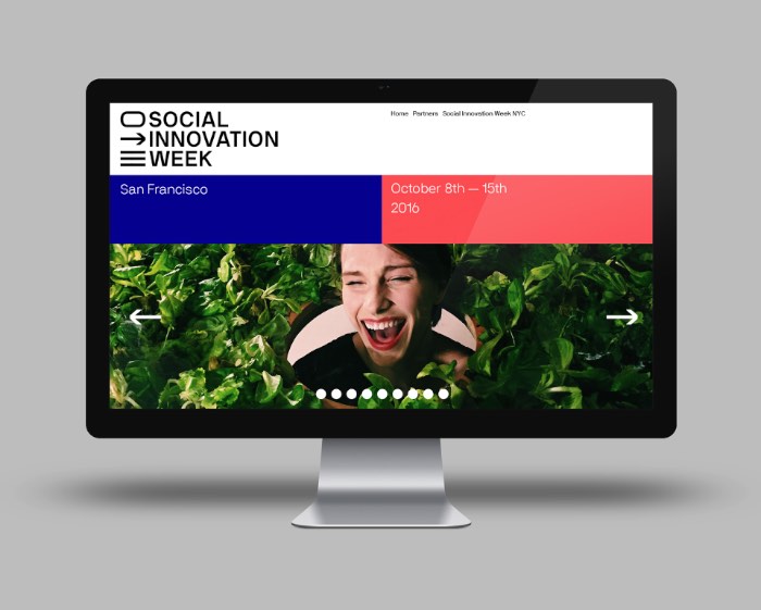 Social Innovation Week é um evento que acontece em São Francisco, na costa oeste dos Estados Unidos. Durante a semana em que o evento acontece, são apresentados novos métodos e conceitos em cinco setores diferentes: energia, comida, cultura, design e meio ambiente. Essa foi a inspiração para a criação da identidade visual do evento, trabalho do designer Aurelio Sánchez Escudero.