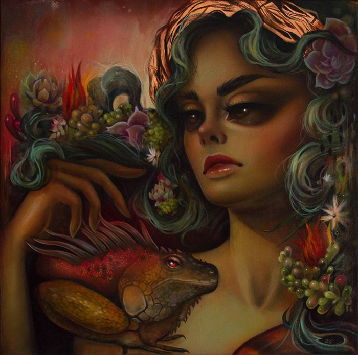 Tatiana Suarez desenha um mundo surreal, quase cremoso e repleto de figuras etéreas de olhos enormes e cheias de ornamentos que aparecem acompanhadas de algumas referências sexuais. E ela faz isso nos seus murais e nas suas pinturas, misturando um pouco da sua descendência brasileira com e el salvadorenha. 