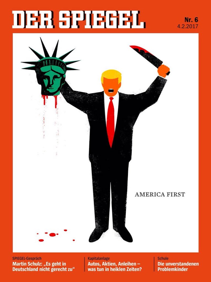 Até alguns dias atrás eu não conseguia conectar o nome de Edel Rodriguez com sua arte e suas ilustrações mas tudo isso mudou quando me deparei com a capa da revista alemã Der Spiegel mostrando um Donald Trump segurando a cabeça degolada da Estátua da Liberdade. Essa imagem teve tanto impacto aqui na minha cabeça que tive que pesquisar quem foi o responsável por isso. Foi assim que descobri o trabalho desse cubano que imigrou para os Estados Unidos quando tinha apenas nove anos de idade.