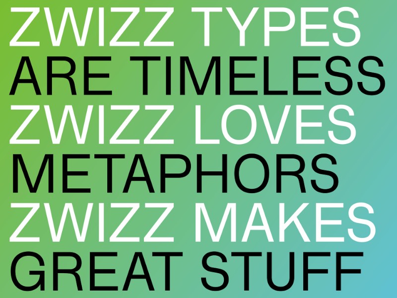 Zwizz é o nome dessa fonte inspirada no design gráfico que vem da Suíça. A fonte é derivada da conhecida Radnika mas com finalizações horizontais e verticais que são bem similares ao que você veria em uma Helvetica. A forma com qual a tipografia aqui foi desenhada é propositalmente compacta e é perfeita para composições tipográficas em espaços pequenos. Um problema que muitos designers sabem muito bem como enfrentar.