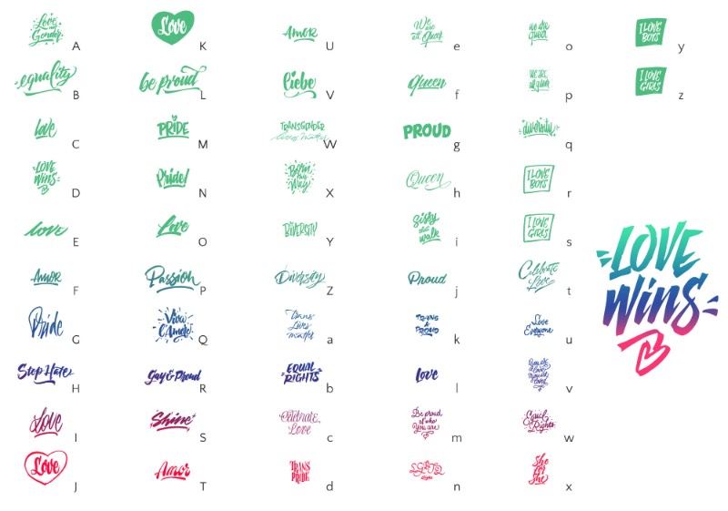 Como amante das letras, Giuseppe Salerno adora observar as placas e as mensagens que aparecem nas marchas de Orgulho Gay pelo mundo. Foi pensando nisso que Love Wins acabou sendo criada. Uma grande coleção de letterings feitos a mão para ajudar o mundo a espalhar o amor e adicionar um pouco de tipografia para essa festa. Love Wins foi feita como uma série de 60 frases escritas a mão e feitas com todo amor para celebrar a diversidade. Essas sessenta frases foram feitas com diferentes estilos, usando diferentes ferramentas e com uma estética bem variada. Você pode usá-las para criar suas mensagens, camisetas, posters, adesivos e tudo mais que você pensar. Tudo que você precisa fazer é espalhar o amor no seu dia a dia e pronto.