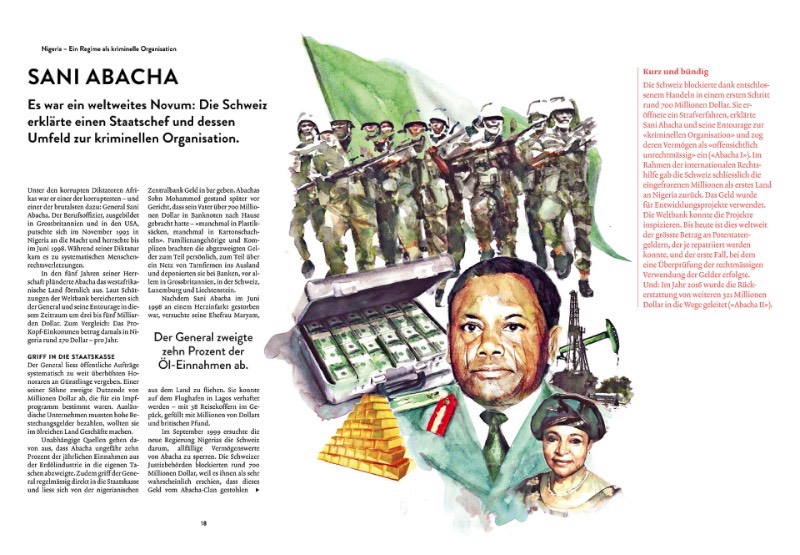 No Dirty Money é um projeto de ilustração editorial criado pelo artista Berto Martinez para um artigo sobre o esforço da Suíça para devolver dinheiro de corrupção que chegou as contas de banco do país. O trabalho de ilustração aqui é composto de retratos feitos através de aquarela. Onde indivíduos como o General Sani Abacha, da Nigéria, aparece junto de malas de dinheiro e bombas de petróleo. 