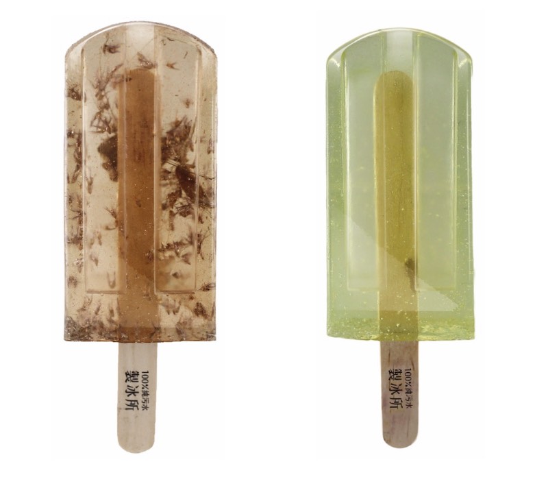 Os picolés de água poluída de Taiwan são parte de um projeto artístico dos estudantes Hung I-chen, Guo Yi-hui e Cheng Yu-ti da Universidade Nacional de Artes de Taiwan. O projeto recebeu o nome de Polluted Water Popsicles e foi feito com a água poluída de 100 localidades em Taiwan, primeiro coletando a água e depois preservando tudo em uma espécie de resina.