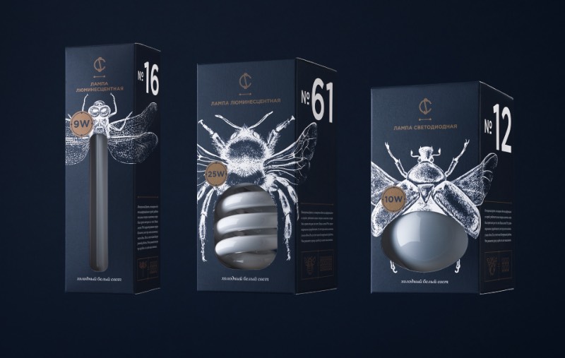 Para criar o visual das novas embalagens da CS Light Bulbs, a designer bielorussa Angelina Pischikova seguiu a direção das origens da eletricidade com Thomas Edison e resolveu explorar a etimologia dos insetos. Misturando isso tudo, ela acabou criando uma embalagem com um design fora do comum e que parece, quase ser, colecionável.