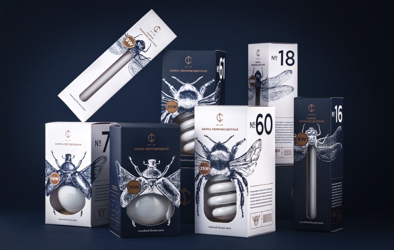 Para criar o visual das novas embalagens da CS Light Bulbs, a designer bielorussa Angelina Pischikova seguiu a direção das origens da eletricidade com Thomas Edison e resolveu explorar a etimologia dos insetos. Misturando isso tudo, ela acabou criando uma embalagem com um design fora do comum e que parece, quase ser, colecionável.