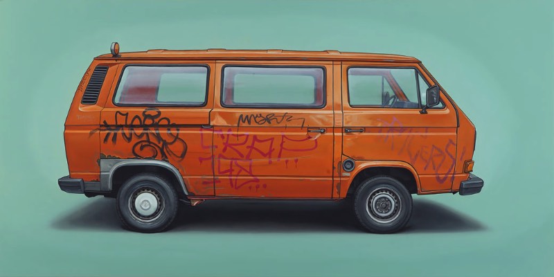 Vivemos em uma cultura onde as pessoas são facilmente influenciadas pelo status e pela simbologia de carros de luxo. Mas, Kevin Cyr não tem interesse algum nesses veículos que capturam a atenção de muitos quando estão pelas ruas das cidades. O artista gosta de encontrar beleza em veículos de trabalho como vans e caminhões comerciais. A maioria desses veículos está coberta de sujeiras, graffitis e tags e são pintadas com todos esses detalhes. Incluindo, além disso, todos os sinais de idade e imperfeições que podem ser vistos nesses veículos. 