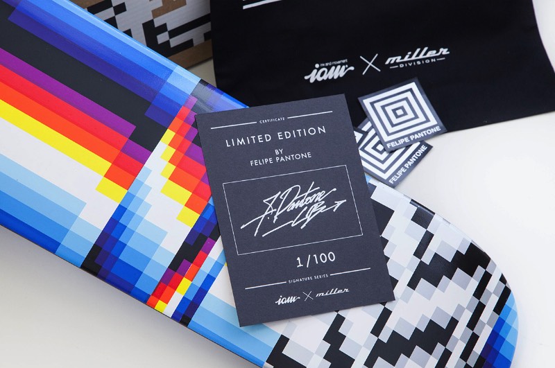 A marca de skate Miller Division começou uma série limitada de boards em colaboração com a plataforma artística Ink and Movement. Essa série limitada recebeu o nome genérico de Signature Series mas começou com um trabalho bem especial. Felipe Pantone, um artista que é bem conhecido no mundo pelo seu trabalho de composições cinéticas e cheias de cores energéticas, foi o primeiro a criar boards de skate com seu estilo único de pintura. 