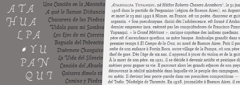 O pessoal do Pampatype acabou de lançar uma fonte nova, chamada de Atahualpa pelo seu designer, Alejandro Lo Celso. Essa nova família tipográfica foi criada, sendo inspirada música folclórica do cantor argentino Atahualpa Yupanqui e o designer tentou refletir a vida do músico no estilo e nos detalhes dessa fonte. 