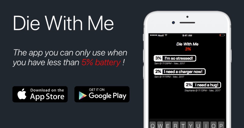 Então, Die With Me é um aplicativo que só funciona quando você tem menos de 5% de bateria no seu celular. Quando isso acontece, você pode abrir esse app, no seu Android ou iPhone, e entrar em uma espécie de chatroom onde você pode dar adeus para outras pessoas que também estão com menos de 5% de bateria no seu celular. Dessa forma, você pode se despedir de alguém e ficar offline em paz. Esse é o conceito do Die With Me e eu não sei direito porque que gostei tanto disso. 