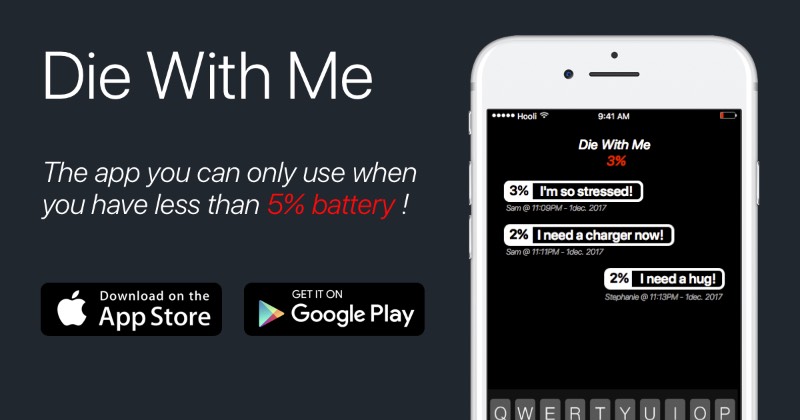 Então, Die With Me é um aplicativo que só funciona quando você tem menos de 5% de bateria no seu celular. Quando isso acontece, você pode abrir esse app, no seu Android ou iPhone, e entrar em uma espécie de chatroom onde você pode dar adeus para outras pessoas que também estão com menos de 5% de bateria no seu celular. Dessa forma, você pode se despedir de alguém e ficar offline em paz. Esse é o conceito do Die With Me e eu não sei direito porque que gostei tanto disso.