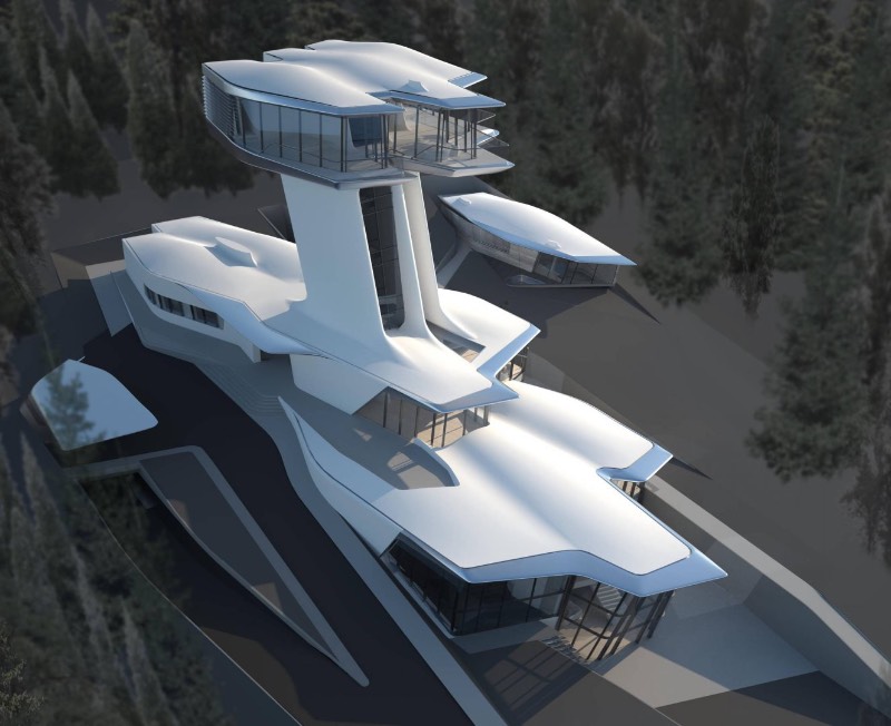 Quando me deparei com as fotografias da única residência projetada por Zaha Hadid na floresta de Barvikha, nos arredores de Moscou, sabia que ia ser obrigado a publicar essas imagens por aqui. O visual dessa residência é bem fora do comum e tem uma estética que lembra mais um filme do James Bond do que uma construção tradicional.