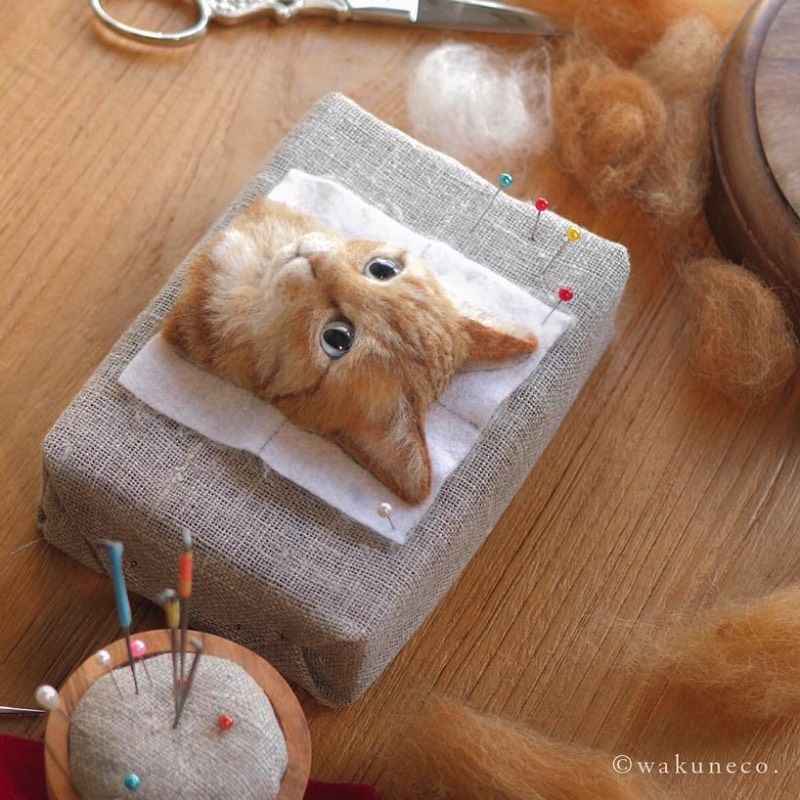 Wakuneco é o nome de uma artista japonesa que usa de uma técnica bem interessante para criar retratos de gatos com feltro. Ela usa de agulhas para moldar o feltro e criar imagens muito realistas de gatos de todos os tipos e formatos. Tudo inspirado por imagens reais de felinos que vem de todas as raças e tamanhos.