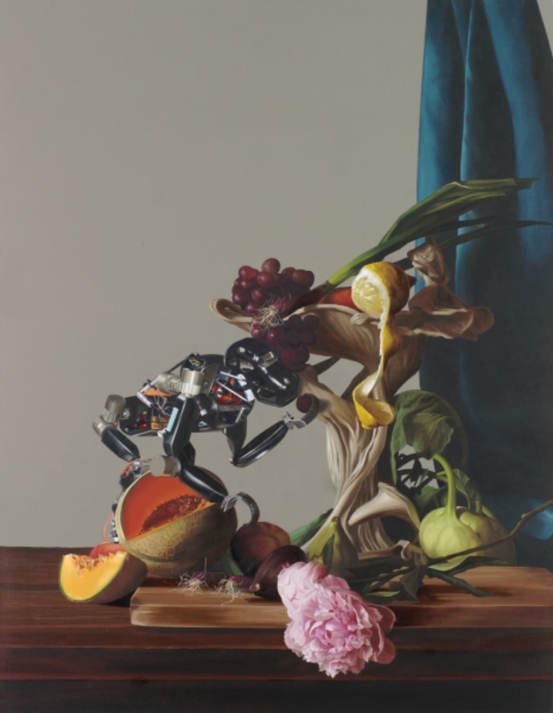 As pinturas de Julia Faber parecem mostrar uma fascinação por robôs. Mas não aqueles robôs de ficção científica que existem no cinema. Os robôs que aparecem aqui são mais próximos daqueles da Boston Dynamics, o que acaba deixando as imagens aqui um pouco mais próximas da realidade.