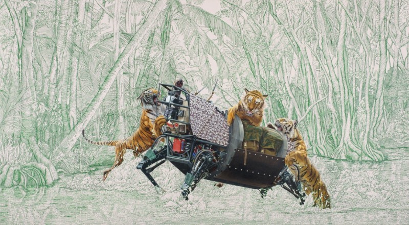 As pinturas de Julia Faber parecem mostrar uma fascinação por robôs. Mas não aqueles robôs de ficção científica que existem no cinema. Os robôs que aparecem aqui são mais próximos daqueles da Boston Dynamics, o que acaba deixando as imagens aqui um pouco mais próximas da realidade.
