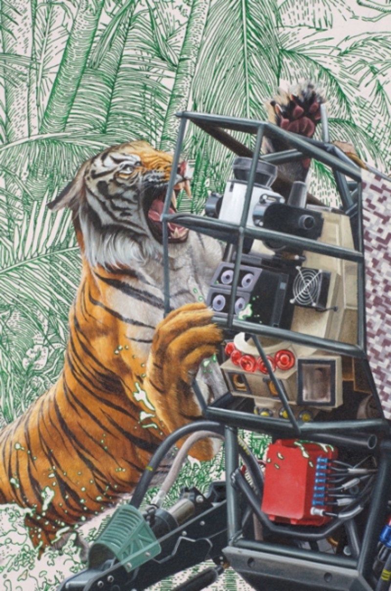 As pinturas de Julia Faber parecem mostrar uma fascinação por robôs. Mas não aqueles robôs de ficção científica que existem no cinema. Os robôs que aparecem aqui são mais próximos daqueles da Boston Dynamics, o que acaba deixando as imagens aqui um pouco mais próximas da realidade.