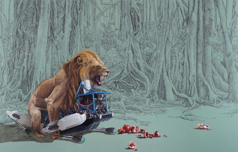 As pinturas de Julia Faber parecem mostrar uma fascinação por robôs. Mas não aqueles robôs de ficção científica que existem no cinema. Os robôs que aparecem aqui são mais próximos daqueles da Boston Dynamics, o que acaba deixando as imagens aqui um pouco mais próximas da realidade.