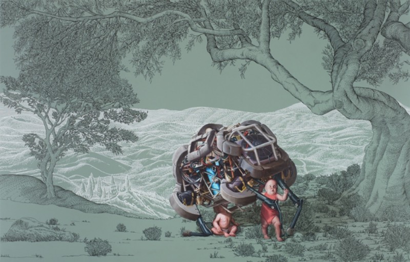 As pinturas de Julia Faber parecem mostrar uma fascinação por robôs. Mas não aqueles robôs de ficção científica que existem no cinema. Os robôs que aparecem aqui são mais próximos daqueles da Boston Dynamics, o que acaba deixando as imagens aqui um pouco mais próximas da realidade.