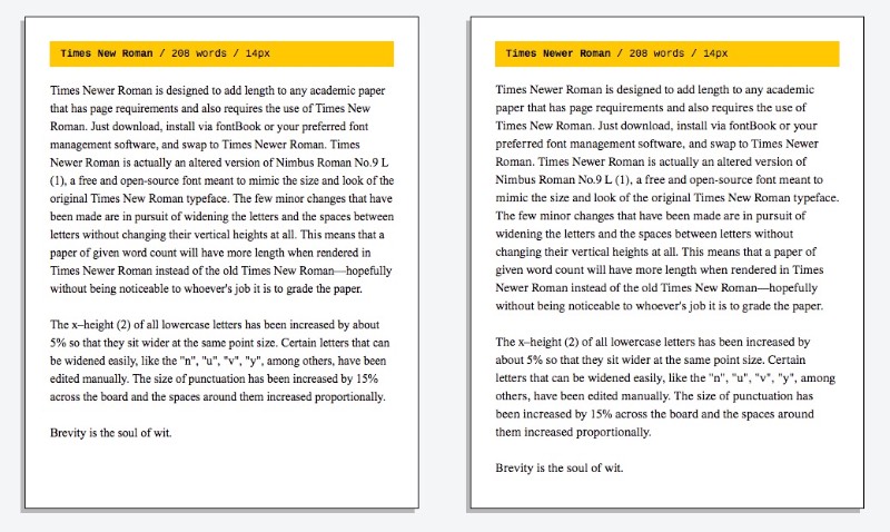 A Times Newer Roman surgiu para criar a ilusão de que o texto que você escreveu é mais longo do que ele é. Você não vai ter que improvisar pontuações maiores que o normal, margens que vem com mais espaços e qualquer outra gambiarra que você tenha pensado. Essa fonte é a solução dos seus problemas por alguns motivos bem simples.