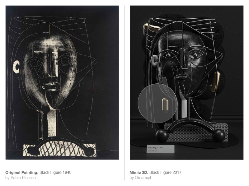 Mimic é uma série de imagens criada pelo designer Omar Aqil onde algumas pinturas de Pablo Picasso são recriadas utilizando de técnicas de 3D modernas. Dessa forma, ele simula o pensamento e a estética de um dos maiores artistas do século vinte de uma forma bem interessante. 