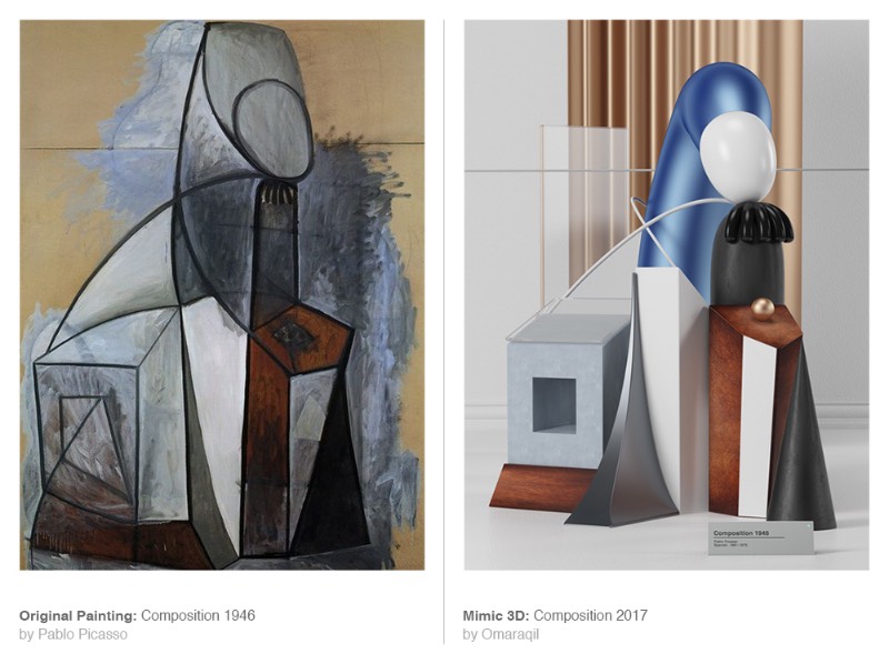 Mimic é uma série de imagens criada pelo designer Omar Aqil onde algumas pinturas de Pablo Picasso são recriadas utilizando de técnicas de 3D modernas. Dessa forma, ele simula o pensamento e a estética de um dos maiores artistas do século vinte de uma forma bem interessante. 