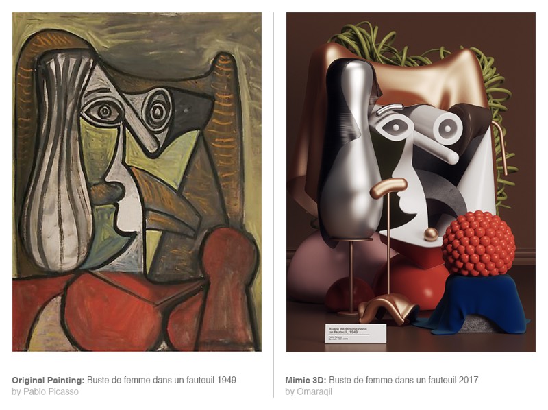 Mimic é uma série de imagens criada pelo designer Omar Aqil onde algumas pinturas de Pablo Picasso são recriadas utilizando de técnicas de 3D modernas. Dessa forma, ele simula o pensamento e a estética de um dos maiores artistas do século vinte de uma forma bem interessante. 