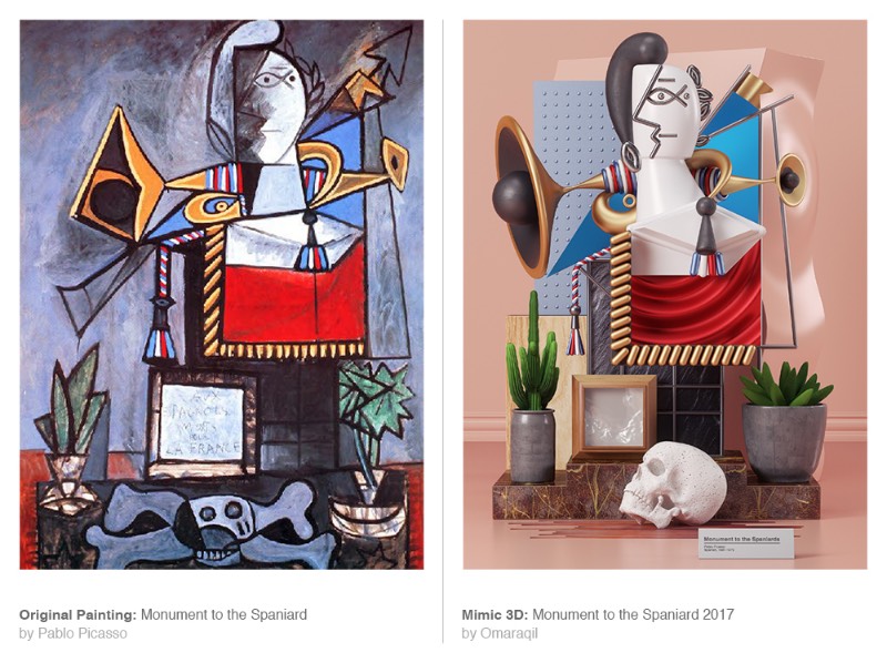 Mimic é uma série de imagens criada pelo designer Omar Aqil onde algumas pinturas de Pablo Picasso são recriadas utilizando de técnicas de 3D modernas. Dessa forma, ele simula o pensamento e a estética de um dos maiores artistas do século vinte de uma forma bem interessante. 