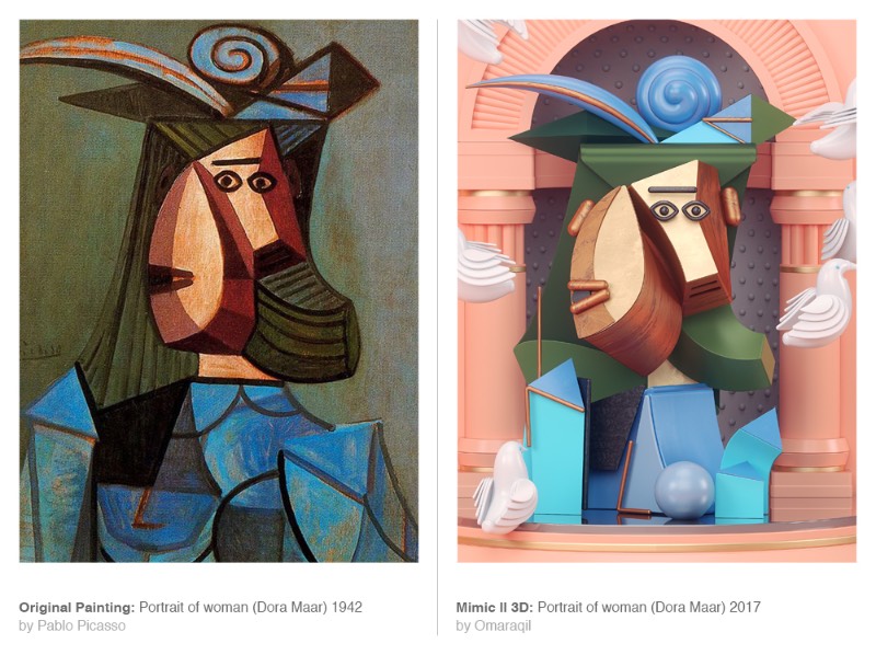 Mimic é uma série de imagens criada pelo designer Omar Aqil onde algumas pinturas de Pablo Picasso são recriadas utilizando de técnicas de 3D modernas. Dessa forma, ele simula o pensamento e a estética de um dos maiores artistas do século vinte de uma forma bem interessante. 