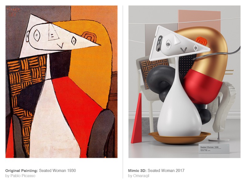 Mimic é uma série de imagens criada pelo designer Omar Aqil onde algumas pinturas de Pablo Picasso são recriadas utilizando de técnicas de 3D modernas. Dessa forma, ele simula o pensamento e a estética de um dos maiores artistas do século vinte de uma forma bem interessante. 