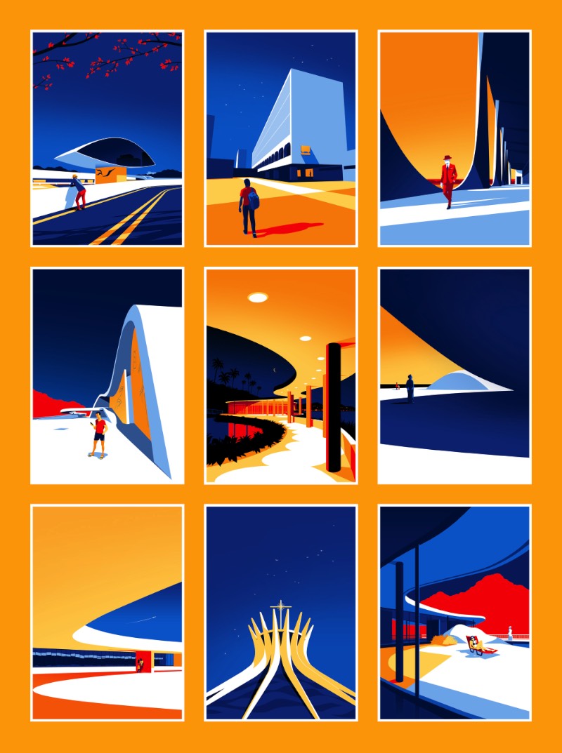 Entre os fãs da arquitetura de Oscar Niemeyer está o ilustrador húngaro Levente Szabo que resolveu dedicar uma série de ilustrações ao arquiteto. Essas ilustrações exploram as possibilidades estéticas que o concreto reforçado apresenta e o quão influente esse material foi nas construções do final do século passado.