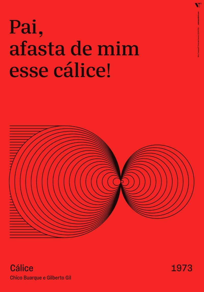 Tipoversos é uma série de cartazes que apresentam trechos de músicas brasileiras, acompanhadas de ilustrações abstratas em linhas. Produzidos entre 2018 e 2019, o material que você pode ver aqui faz parte das 15 canções escolhidas pelo pessoal do Vertentes Coletivo baseado no gosto musical deles. Porém, a escolha não ficou restrita nisso e acabou servindo para dialogar com a realidade atual do Brasil.