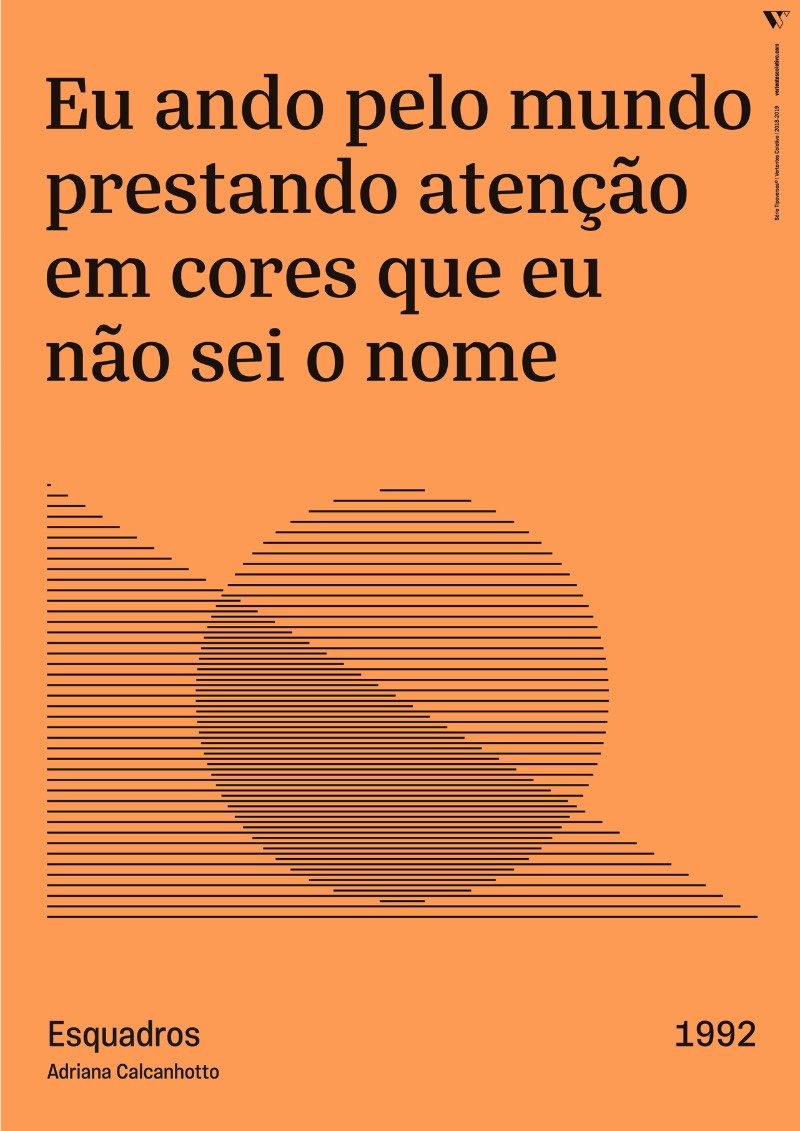 Tipoversos é uma série de cartazes que apresentam trechos de músicas brasileiras, acompanhadas de ilustrações abstratas em linhas. Produzidos entre 2018 e 2019, o material que você pode ver aqui faz parte das 15 canções escolhidas pelo pessoal do Vertentes Coletivo baseado no gosto musical deles. Porém, a escolha não ficou restrita nisso e acabou servindo para dialogar com a realidade atual do Brasil.