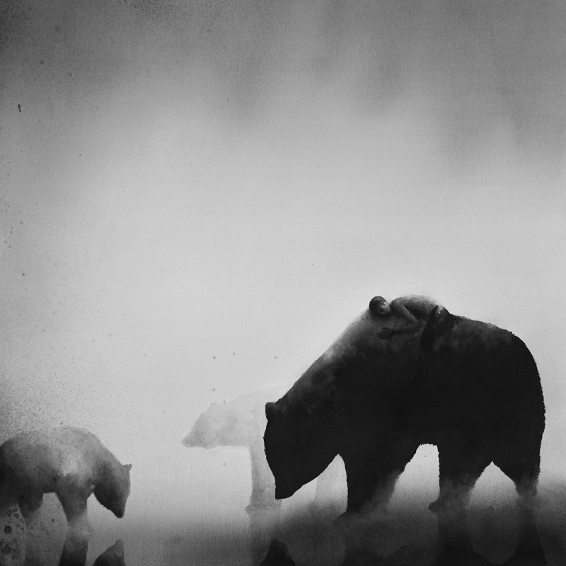 Elicia Edijanto faz aquarelas em preto e branco onde crianças vulneráveis aparecem ao lado de poderosos animais como ursos, elefantes e lobos. Tudo isso é feito usando apenas aquarelas que acabam criando um visual quase onírico que é contemplativo e tranquilo. 