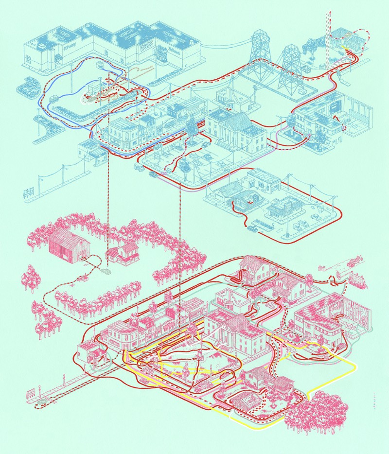 Andrew DeGraff é um artista americano que resolveu criar uma série de belíssimos mapas, pintados a mão, que mostram a história de alguns de seus filmes favoritos. Filmes como Pulp Fiction e North by Northwest, King Kong e Fargo… Onde você consegue ver as rotas que os personagens principais fazem nesses filmes em detalhes cartográficos. 
