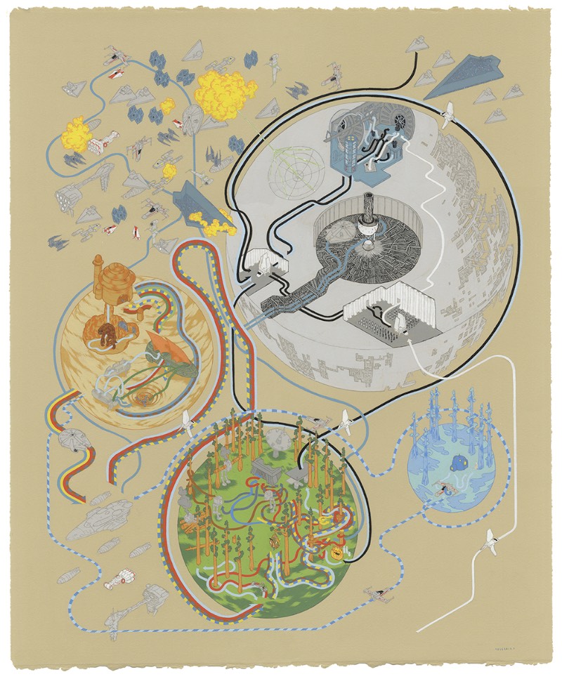 Andrew DeGraff é um artista americano que resolveu criar uma série de belíssimos mapas, pintados a mão, que mostram a história de alguns de seus filmes favoritos. Filmes como Pulp Fiction e North by Northwest, King Kong e Fargo… Onde você consegue ver as rotas que os personagens principais fazem nesses filmes em detalhes cartográficos. 