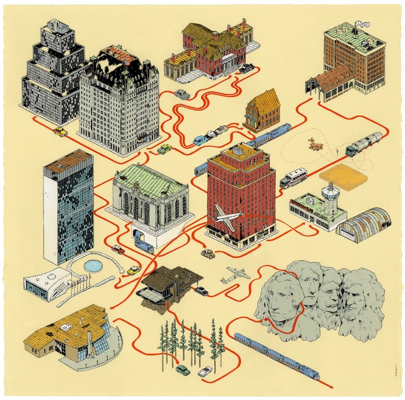 Andrew DeGraff é um artista americano que resolveu criar uma série de belíssimos mapas, pintados a mão, que mostram a história de alguns de seus filmes favoritos. Filmes como Pulp Fiction e North by Northwest, King Kong e Fargo… Onde você consegue ver as rotas que os personagens principais fazem nesses filmes em detalhes cartográficos. 