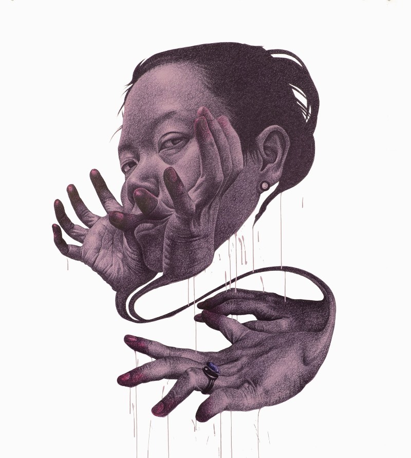 Seungyea Park, também conhecida como Spunky Zoe, cria ilustrações que parecem refletir tensões internas. Algo que fica claro para mim quando observo mãos que flutuam no ar e abrem olhos na testa de pessoas. Algumas vezes, os personagens que você vê no trabalho da artista são auto retratos, outras vezes, dedos passam por dentro da pele e acabam mudando tudo que eu conheço quando se trata desse material.