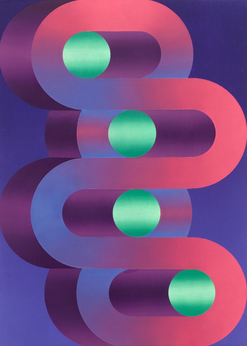Dan Perkins é um artista norte-americano baseado no Brooklyn que cria trabalhos geométricos abstratos que incorporam elementos de pintura minimalista com gradientes coloridos. Visualmente falando, suas pinturas tem pitadas de algo lúdico e foi isso que capturou minha atenção quando deparei com seu portfólio pela primeira vez. 
