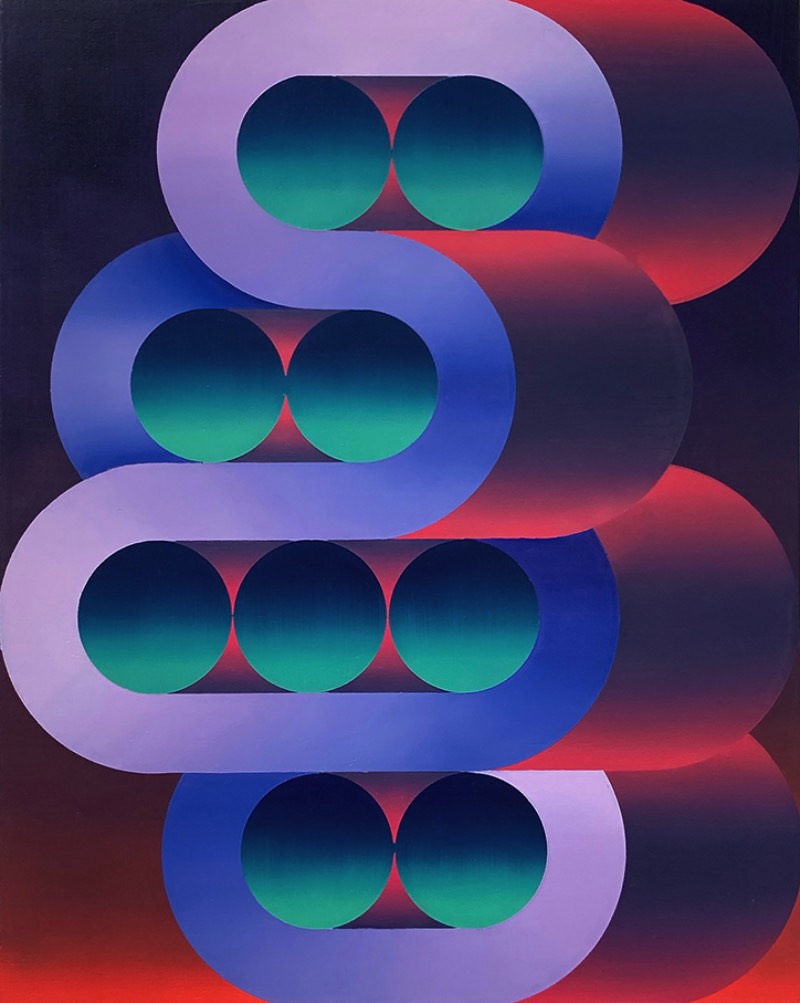 Dan Perkins é um artista norte-americano baseado no Brooklyn que cria trabalhos geométricos abstratos que incorporam elementos de pintura minimalista com gradientes coloridos. Visualmente falando, suas pinturas tem pitadas de algo lúdico e foi isso que capturou minha atenção quando deparei com seu portfólio pela primeira vez. 