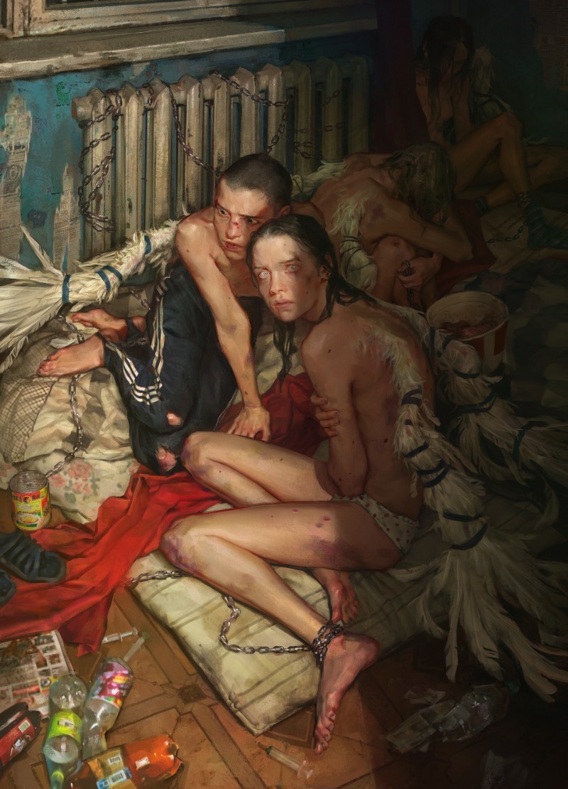 Me deparei com a arte digital de Yuliya Litvinova hoje de manhã e foi um daqueles momentos que você enxerga alguma coisa diferente e precisa parar para conferir o que que você está vendo de verdade. Foi isso que aconteceu comigo quando vi sua ilustração chamada de Little birdies, onde vemos uma espécie de cativeiro pelo ponto de vista do captor onde anjos estão aprisionados, com suas asas amarradas. 
