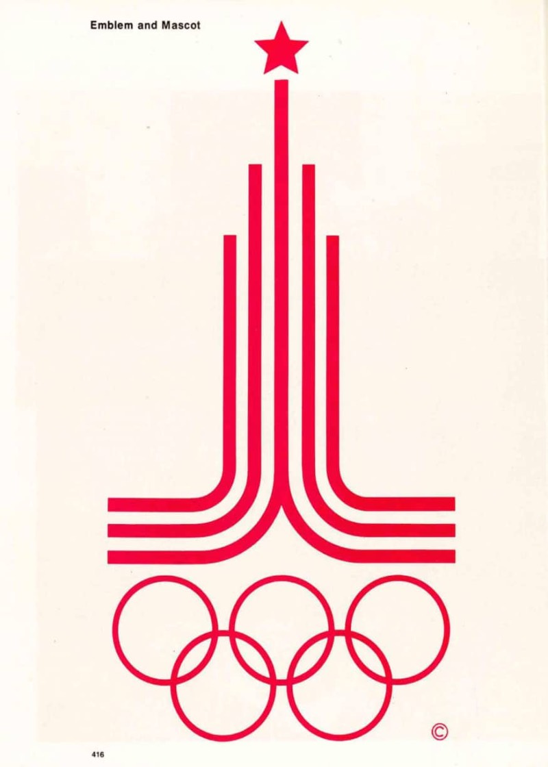 O logo e o grid das Olimpíadas de Moscou em 1980, no design de Vladimir Arsentyev, consiste de uma seção de uma pista de corrida que levanta para se tornar uma das típicas silhuetas arquitetônicas de Moscou. Além disso, o design é finalizado com o embleme Olímpico e seus cinco anéis em apenas uma cor e uma estrela de cinco pontas acima de tudo. 