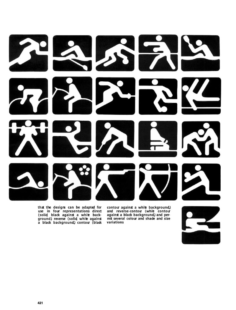 O logo e o grid das Olimpíadas de Moscou em 1980, no design de Vladimir Arsentyev, consiste de uma seção de uma pista de corrida que levanta para se tornar uma das típicas silhuetas arquitetônicas de Moscou. Além disso, o design é finalizado com o embleme Olímpico e seus cinco anéis em apenas uma cor e uma estrela de cinco pontas acima de tudo. 