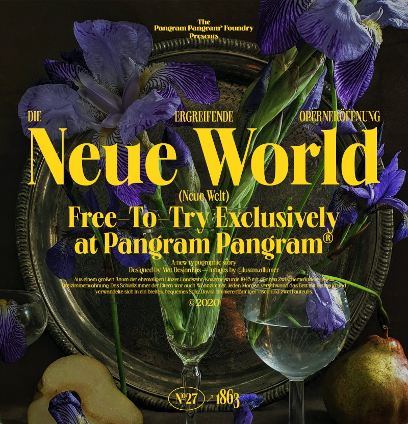 A Neue World é uma fonte quase gratuita já que ela pode ser usada como teste durante um período indeterminado. Seu design é inspirado nas fontes do passado que eram alteradas manualmente para que coubessem no papel. 