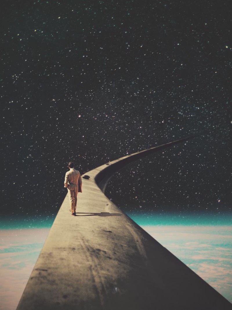 Frank Moth cria imagens nostálgicas que me remetem a um futuro distante. Um futuro que, em simultâneo, me parece familiar e inalcançável. E ele faz isso através de colagens e composições digitais que são apresentadas com uma palheta de cores bem distinta, de forma com que seu trabalho seja facilmente reconhecível.