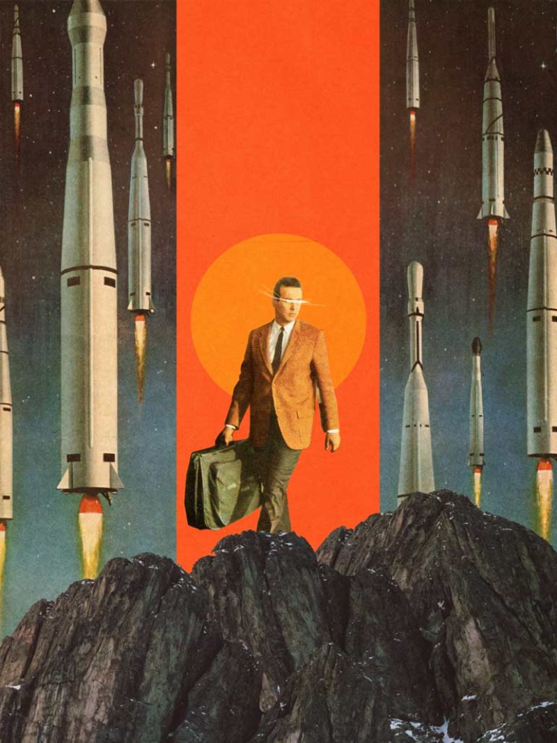 Frank Moth cria imagens nostálgicas que me remetem a um futuro distante. Um futuro que, em simultâneo, me parece familiar e inalcançável. E ele faz isso através de colagens e composições digitais que são apresentadas com uma palheta de cores bem distinta, de forma com que seu trabalho seja facilmente reconhecível.