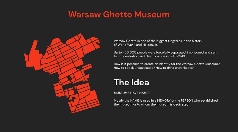 Para se trabalhar com a identidade visual do Museu do Gueto de Varsóvia é preciso pensar sobre a função da memória e como representar todos aqueles que viveram por esse que foi um dos momentos mais dramáticos da história da Segunda Guerra Mundial. Por culpa disso tudo, a abordagem do pessoal da DADADA Studio foi um pouco diferente e até questionou um pouco da estrutura do design gráfico.