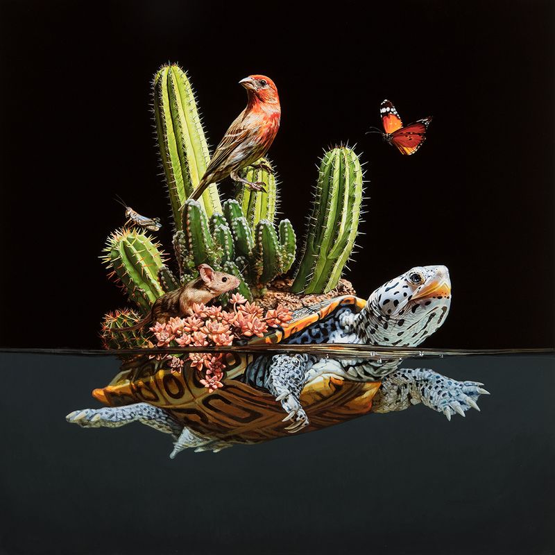 Lisa Ericson é uma artista, ilustradora e designer que pinta imagens hiper-realistas de animais imaginários. Animais esses que parecem serem criados através do entrelaçamento de espécies e a criação de novos seres híbridos. Algumas vezes, você vê borboletas que se misturam com ratos. Outras vezes são peixes brilhantes combinados com anémonas… É um mundo de cores e de animais imaginários. 