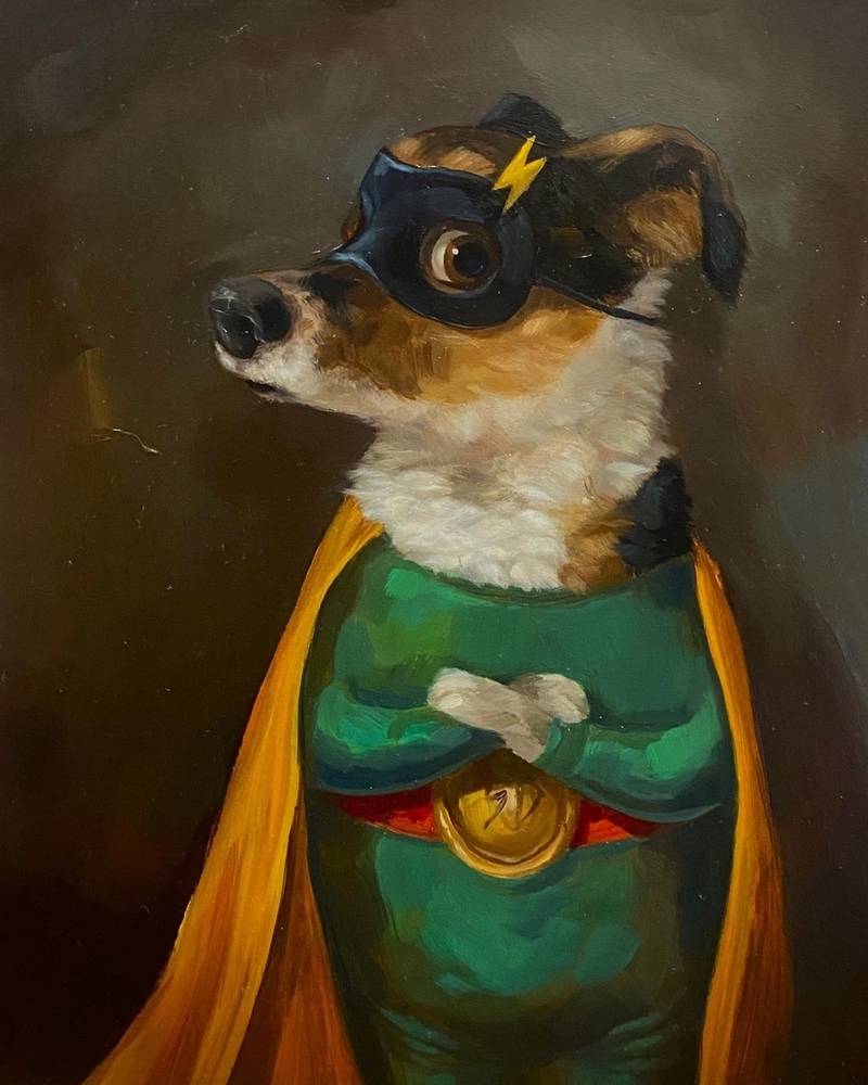 Os seus personagens, muitas vezes cães e gatos, exalam uma aura de travessura divertida que ressoa nos espectadores. Um cachorro tomando um gole de gim, um gato com um sorriso malicioso – esses momentos que Alison Friend captura com a sua mistura característica de realismo e capricho. As suas pinceladas delicadas e paletas de cores conferem um toque de magia a cada peça, tornando-as realmente irresistíveis.