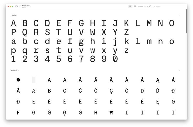 Server Mono é uma nova fonte gratuita inspirada nas máquinas de escrever, no San Francisco Mono da Apple, na arte ASCII e na programação. É um bom complemento para sua caixa de ferramentas de design.