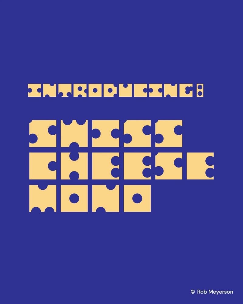 No mundo em constante expansão do design digital, uma nova fonte está chamando a atenção de designers e amantes de queijo. E eu gostei tanto desse trabalho que eu precisei escrever um artigo aqui. Então, estou aqui para apresentar vocês para a Swiss Cheese Mono, uma fonte tão peculiar e memorável quanto seu nome. Criada pelo consultor de branding e autor Rob Meyerson, esta fonte sem serifa e mono espaçada é uma ode ao clássico queijo suíço, completa com “furos” circulares que lhe conferem uma aparência divertida e mais do que porosa.
