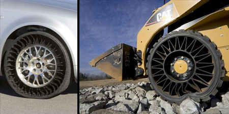 Tweel é um novo design inovador para pneus criado pela Michelin. Esse novo pneu não usa ar e, por isso mesmo, não fura e não pode explode também. No lugar do ar, o Tweel usa um sistema de absorção de choque com eixos de poliuretano que suportam um eixo externo.